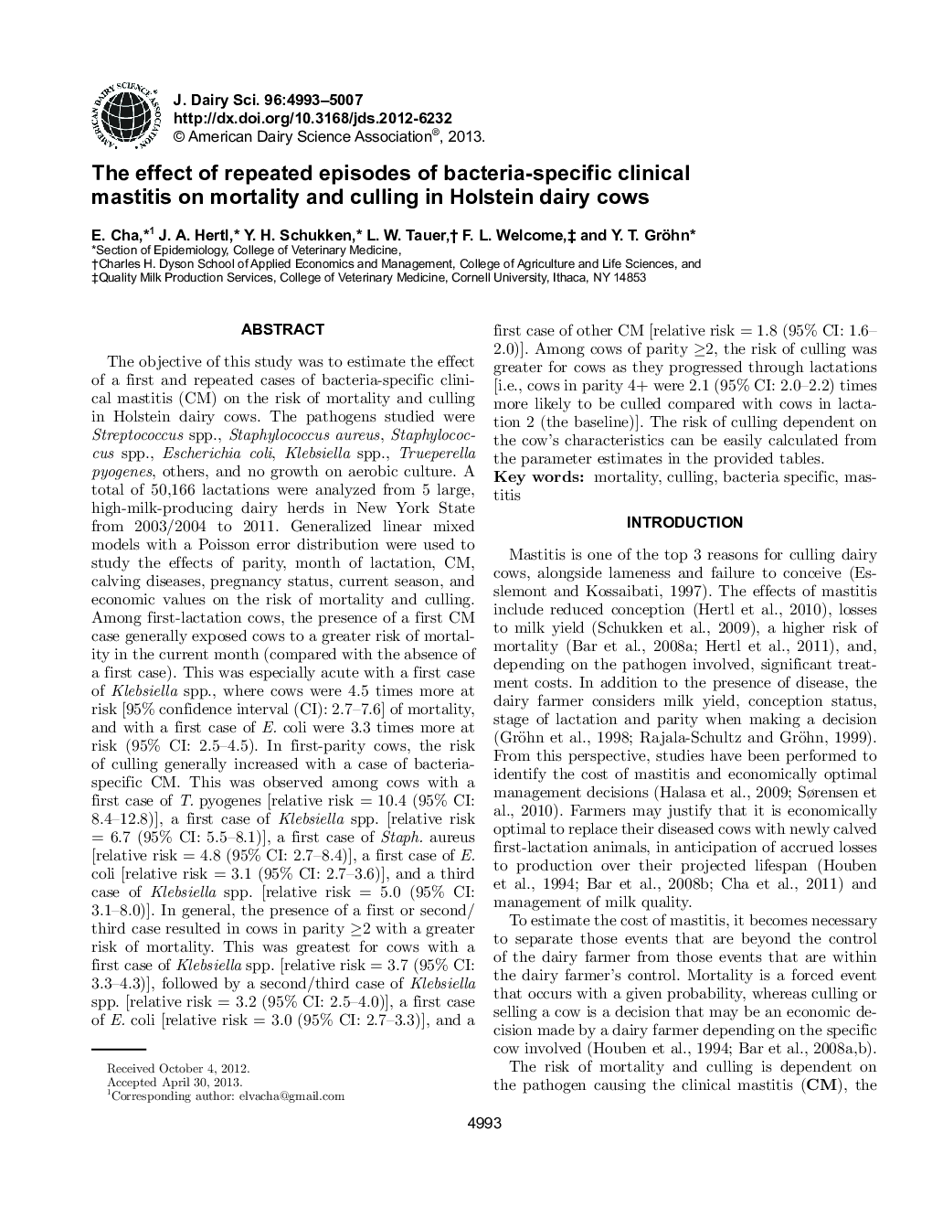 The effect of repeated episodes of bacteria-specific clinical mastitis on mortality and culling in Holstein dairy cows