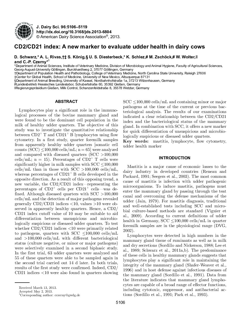 CD2/CD21 index: A new marker to evaluate udder health in dairy cows