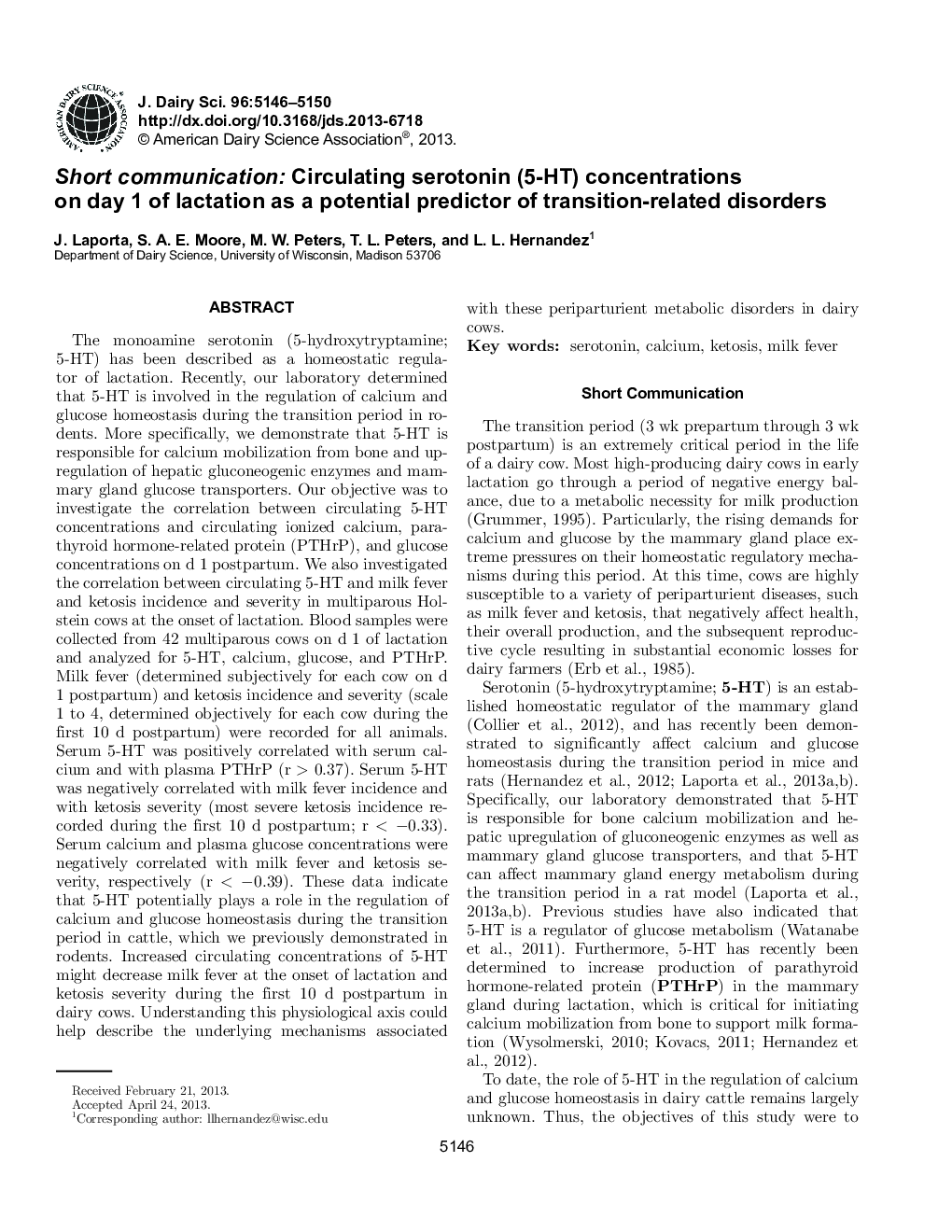 Short communication: Circulating serotonin (5-HT) concentrations on day 1 of lactation as a potential predictor of transition-related disorders