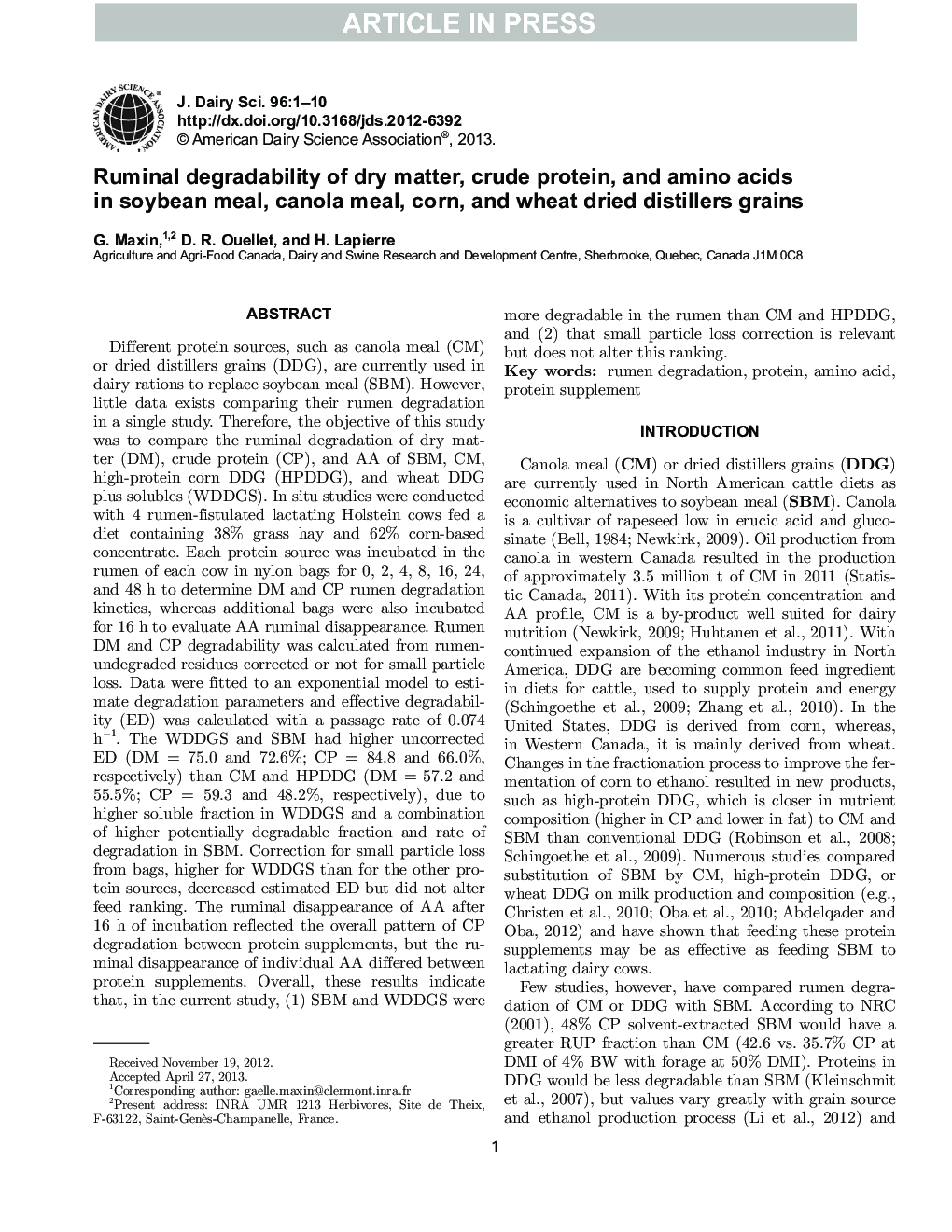 Ruminal degradability of dry matter, crude protein, and amino acids in soybean meal, canola meal, corn, and wheat dried distillers grains