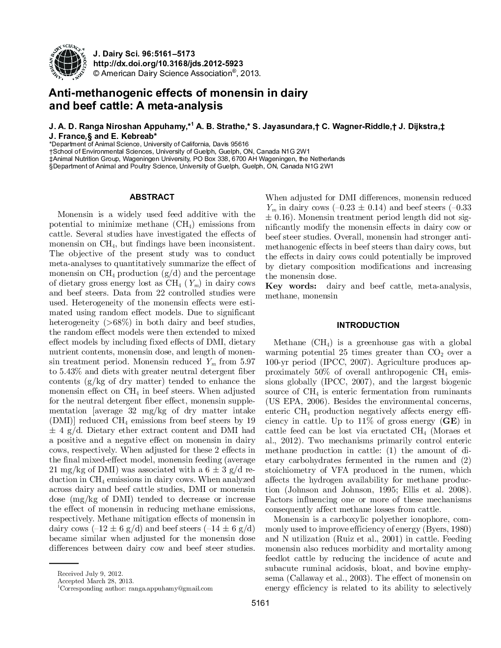 Anti-methanogenic effects of monensin in dairy and beef cattle: A meta-analysis