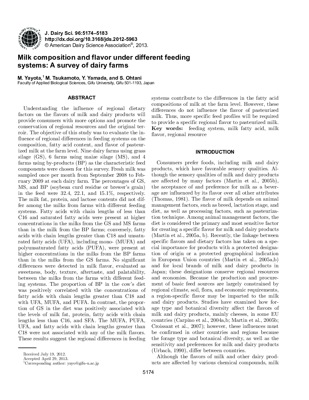 Milk composition and flavor under different feeding systems: A survey of dairy farms