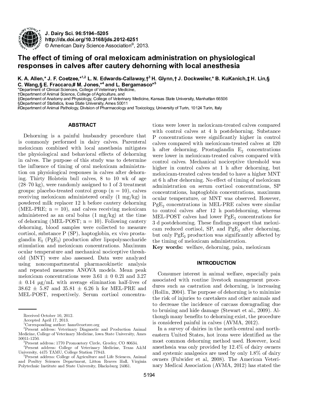 The effect of timing of oral meloxicam administration on physiological responses in calves after cautery dehorning with local anesthesia