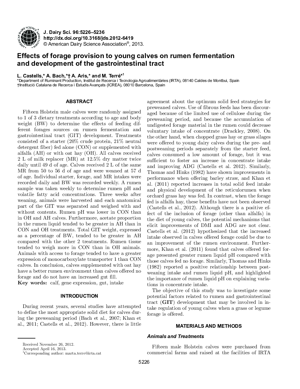 Effects of forage provision to young calves on rumen fermentation and development of the gastrointestinal tract