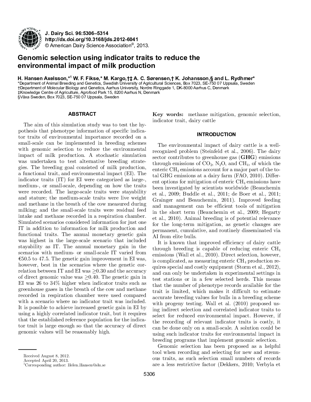 Genomic selection using indicator traits to reduce the environmental impact of milk production