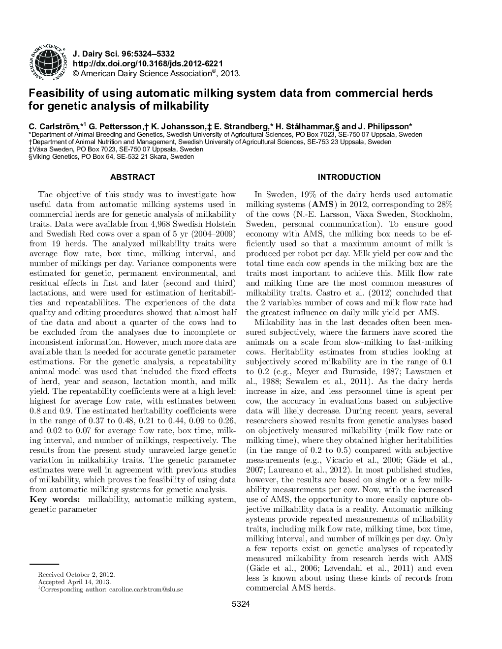 Feasibility of using automatic milking system data from commercial herds for genetic analysis of milkability