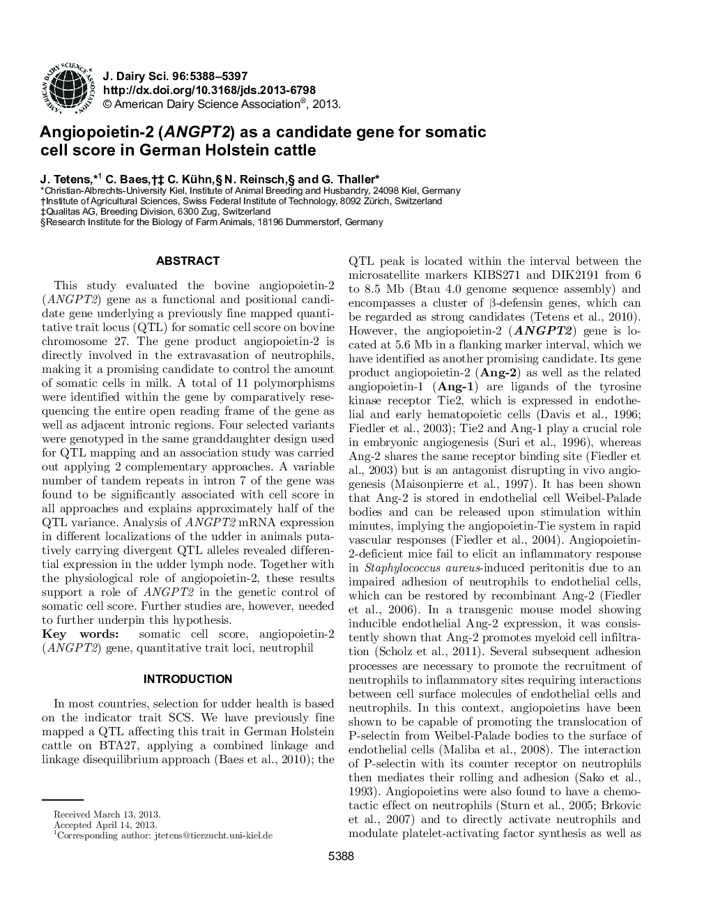 Angiopoietin-2 (ANGPT2) as a candidate gene for somatic cell score in German Holstein cattle
