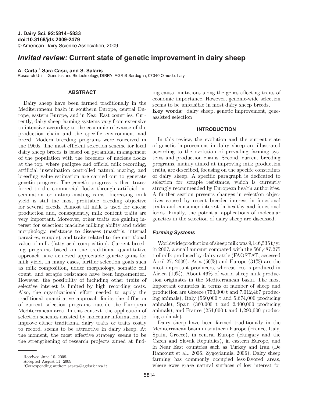 Invited review: Current state of genetic improvement in dairy sheep