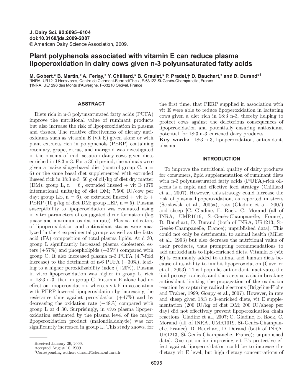 Plant polyphenols associated with vitamin E can reduce plasma lipoperoxidation in dairy cows given n-3 polyunsaturated fatty acids