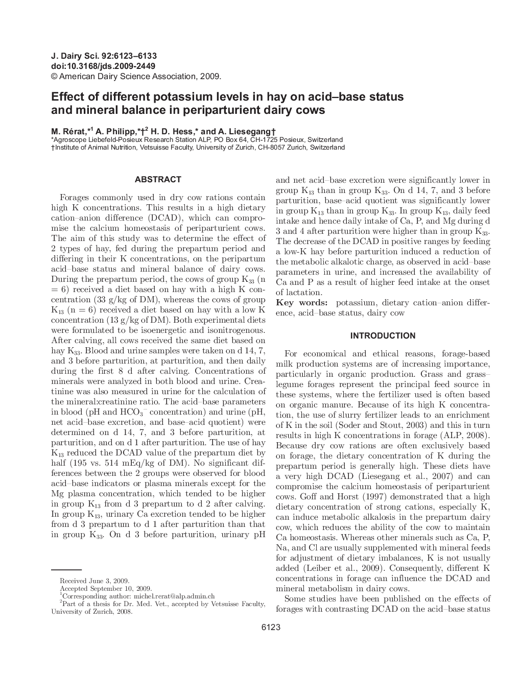 Effect of different potassium levels in hay on acid-base status and mineral balance in periparturient dairy cows