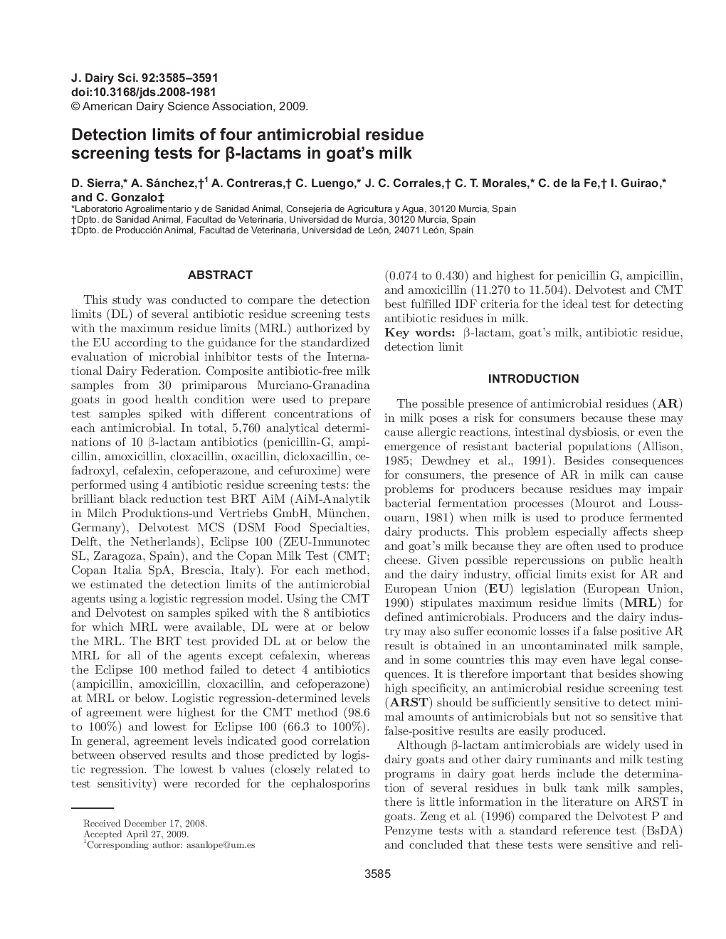 Detection limits of four antimicrobial residue screening tests for Î²-lactams in goat's milk