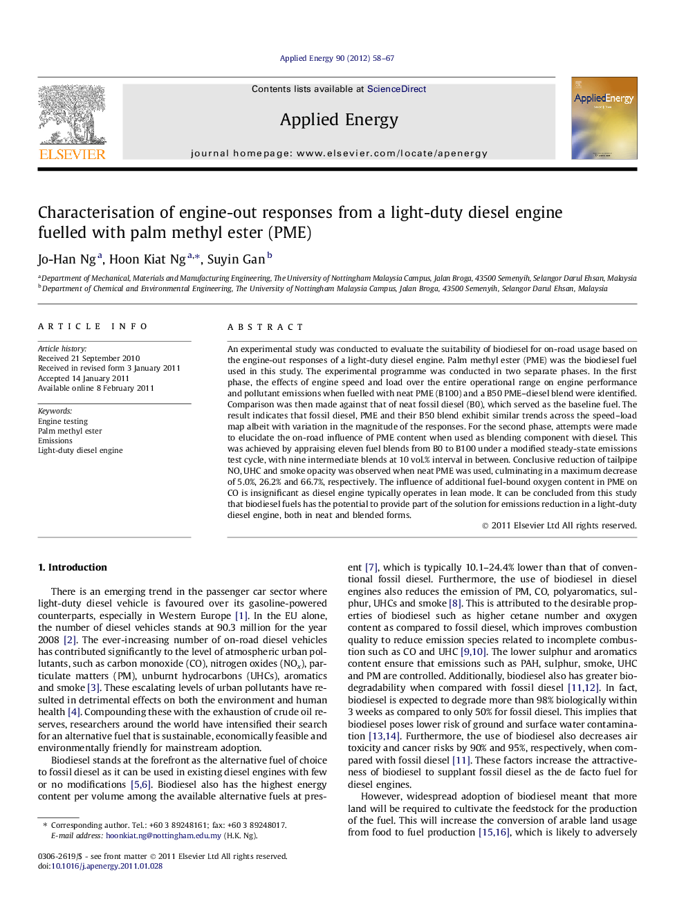 Characterisation of engine-out responses from a light-duty diesel engine fuelled with palm methyl ester (PME)