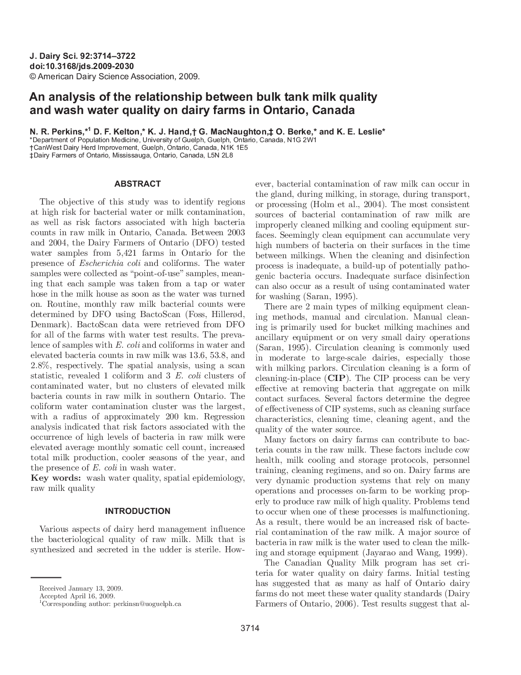 An analysis of the relationship between bulk tank milk quality and wash water quality on dairy farms in Ontario, Canada