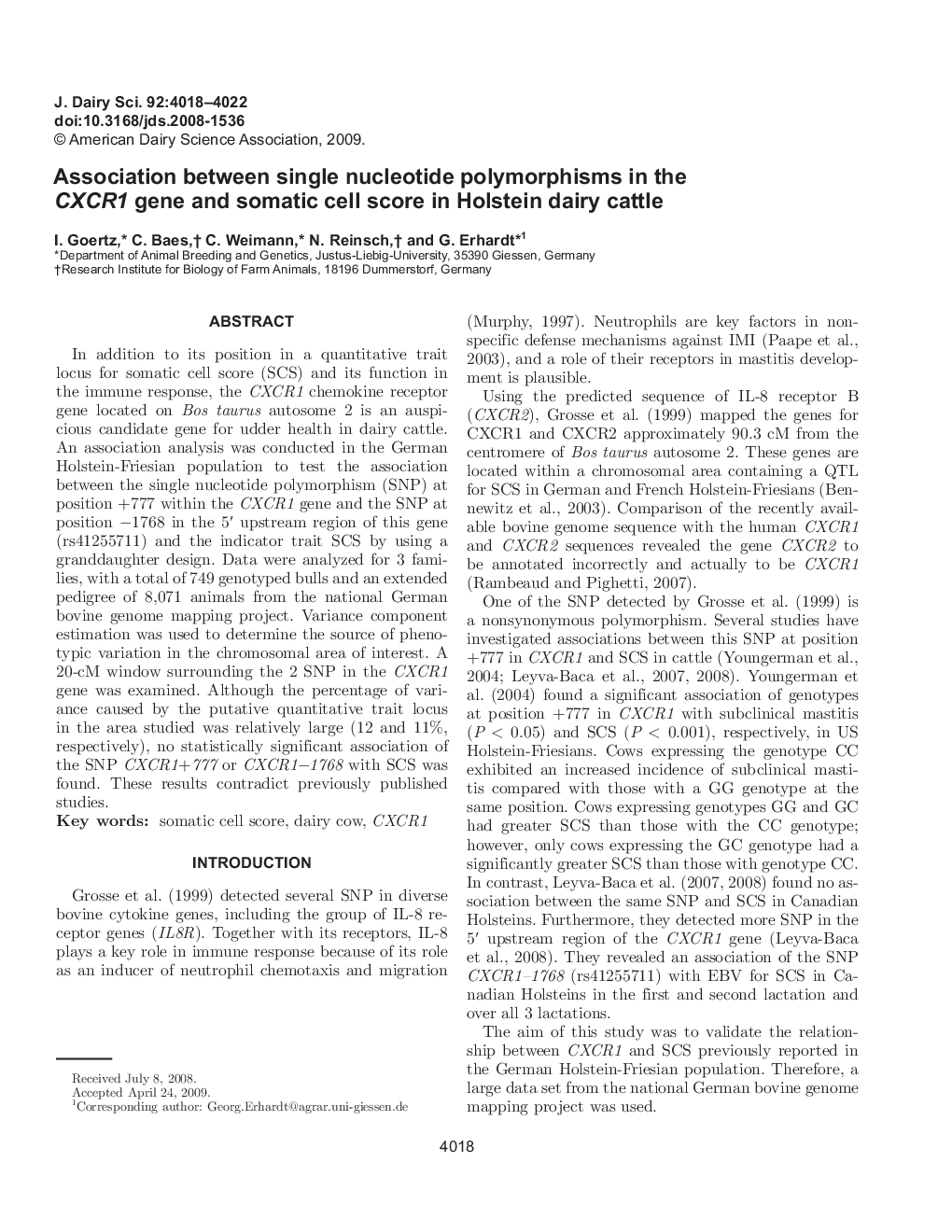 Association between single nucleotide polymorphisms in the CXCR1 gene and somatic cell score in Holstein dairy cattle