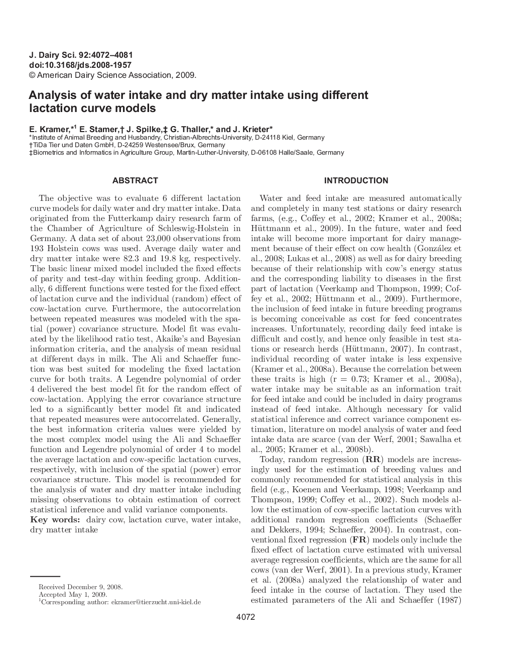 Analysis of water intake and dry matter intake using different lactation curve models