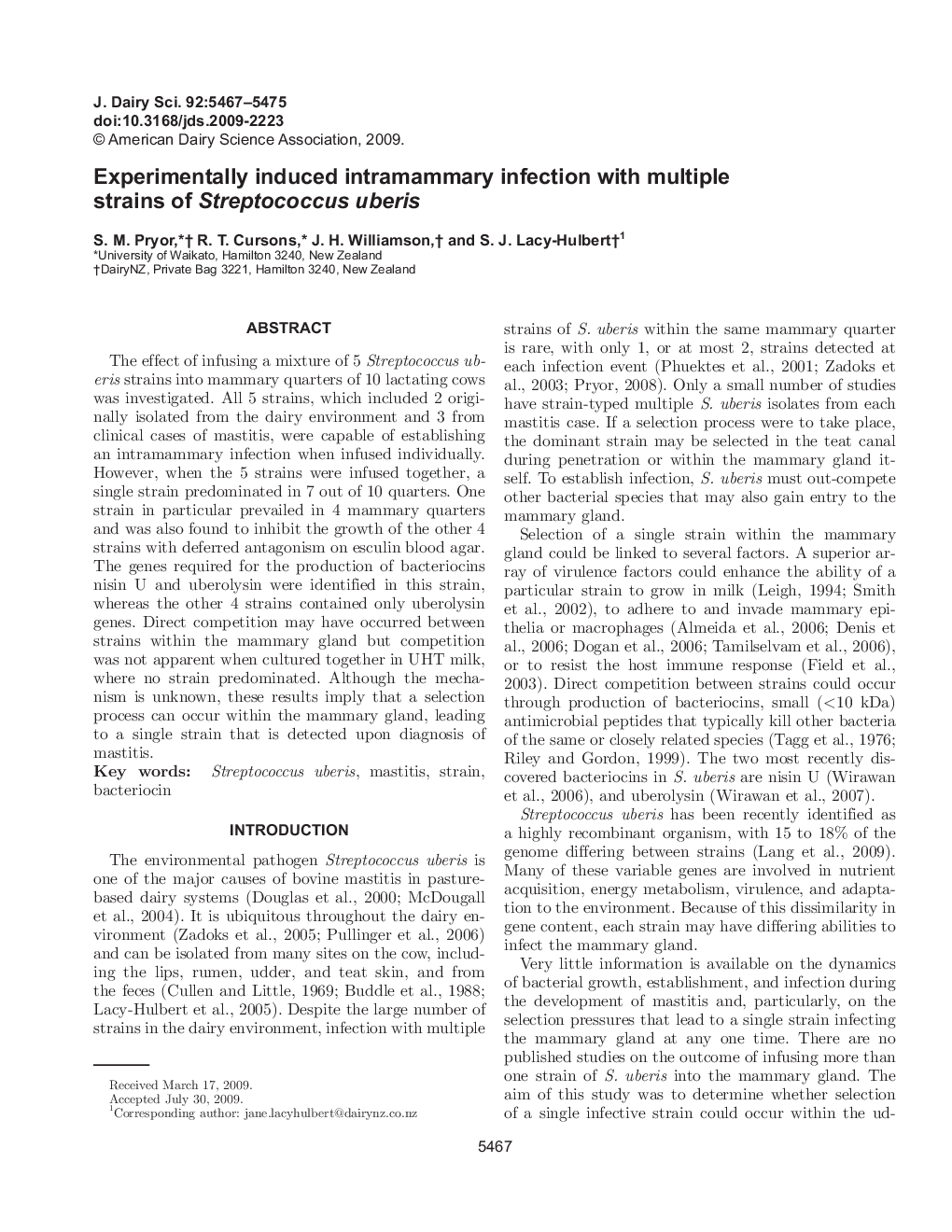 Experimentally induced intramammary infection with multiple strains of Streptococcus uberis