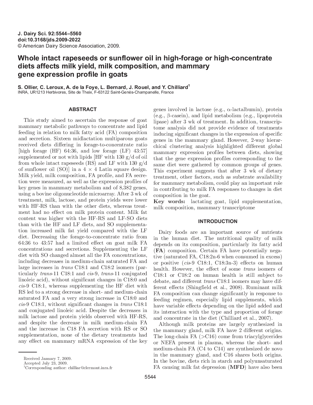 Whole intact rapeseeds or sunflower oil in high-forage or high-concentrate diets affects milk yield, milk composition, and mammary gene expression profile in goats