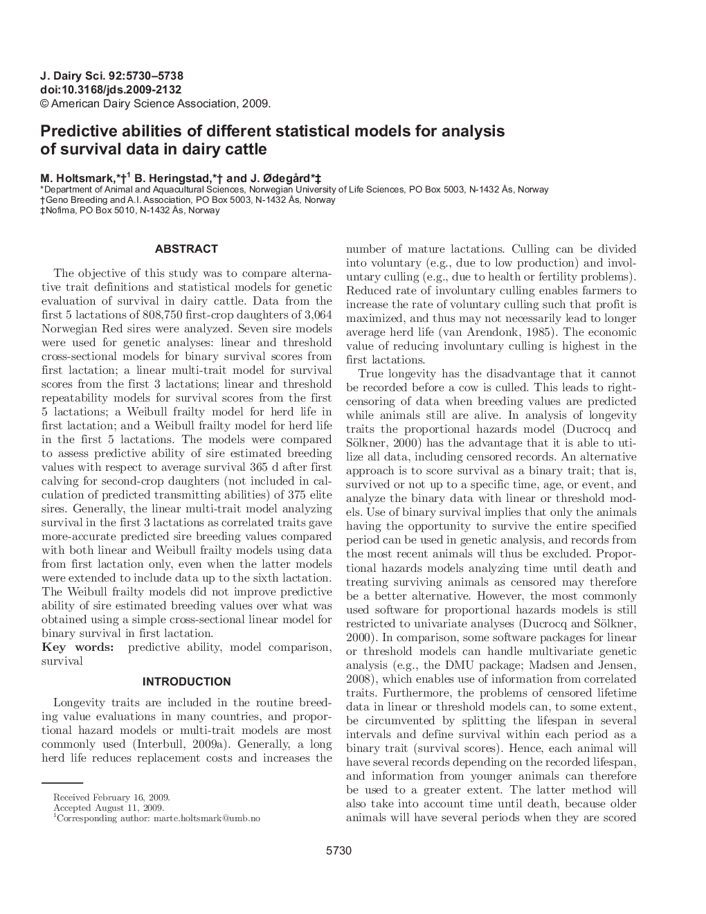 Predictive abilities of different statistical models for analysis of survival data in dairy cattle