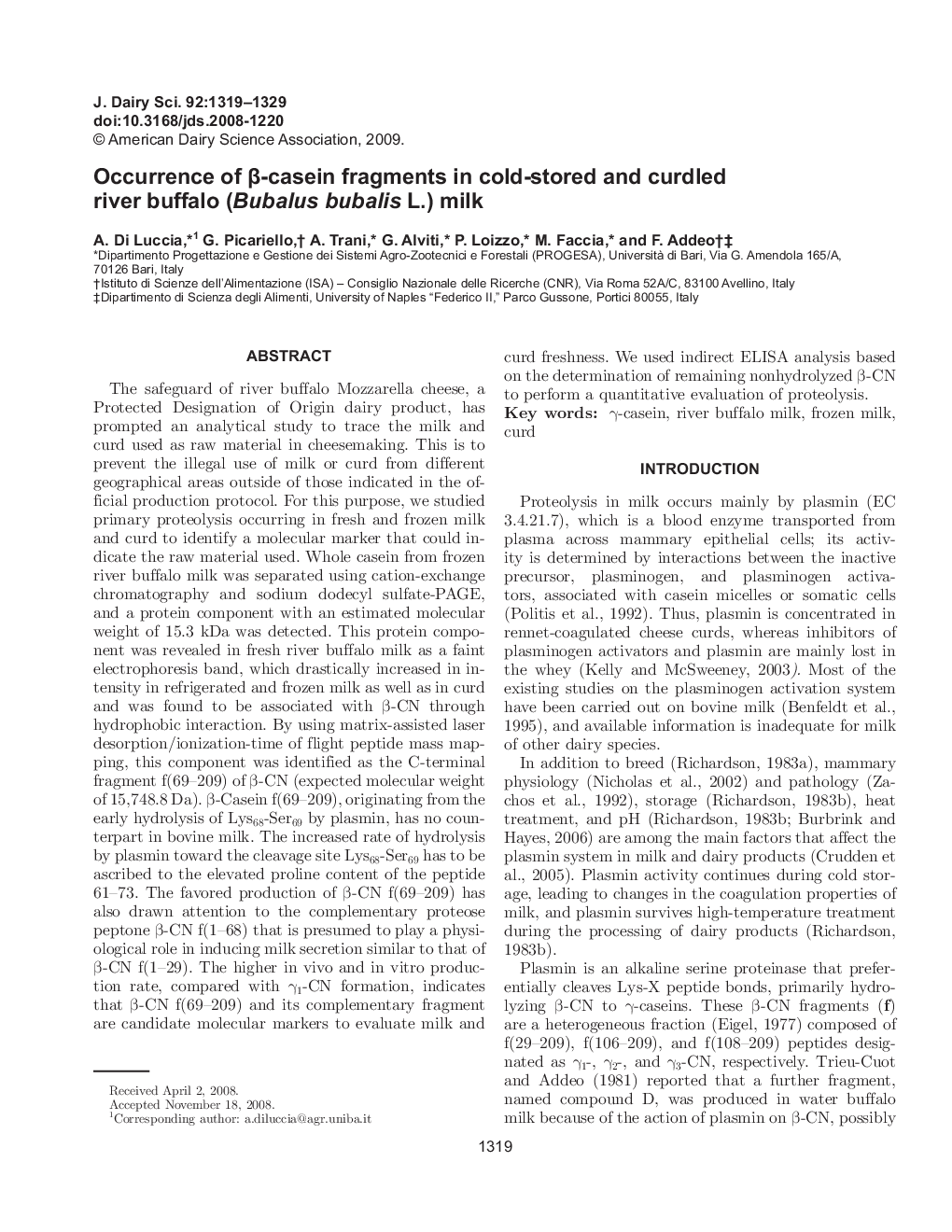 Occurrence of Î²-casein fragments in cold-stored and curdled river buffalo (Bubalus bubalis L.) milk