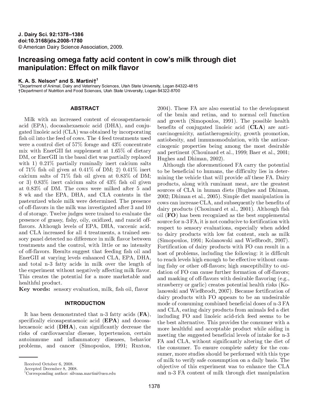 Increasing omega fatty acid content in cow's milk through diet manipulation: Effect on milk flavor