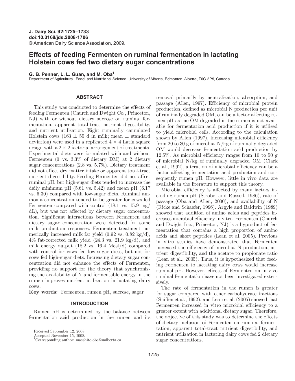 Effects of feeding Fermenten on ruminal fermentation in lactating Holstein cows fed two dietary sugar concentrations