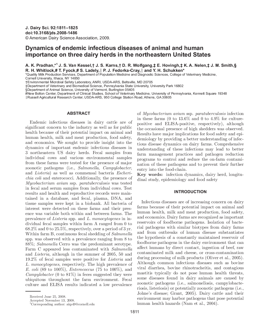 Dynamics of endemic infectious diseases of animal and human importance on three dairy herds in the northeastern United States