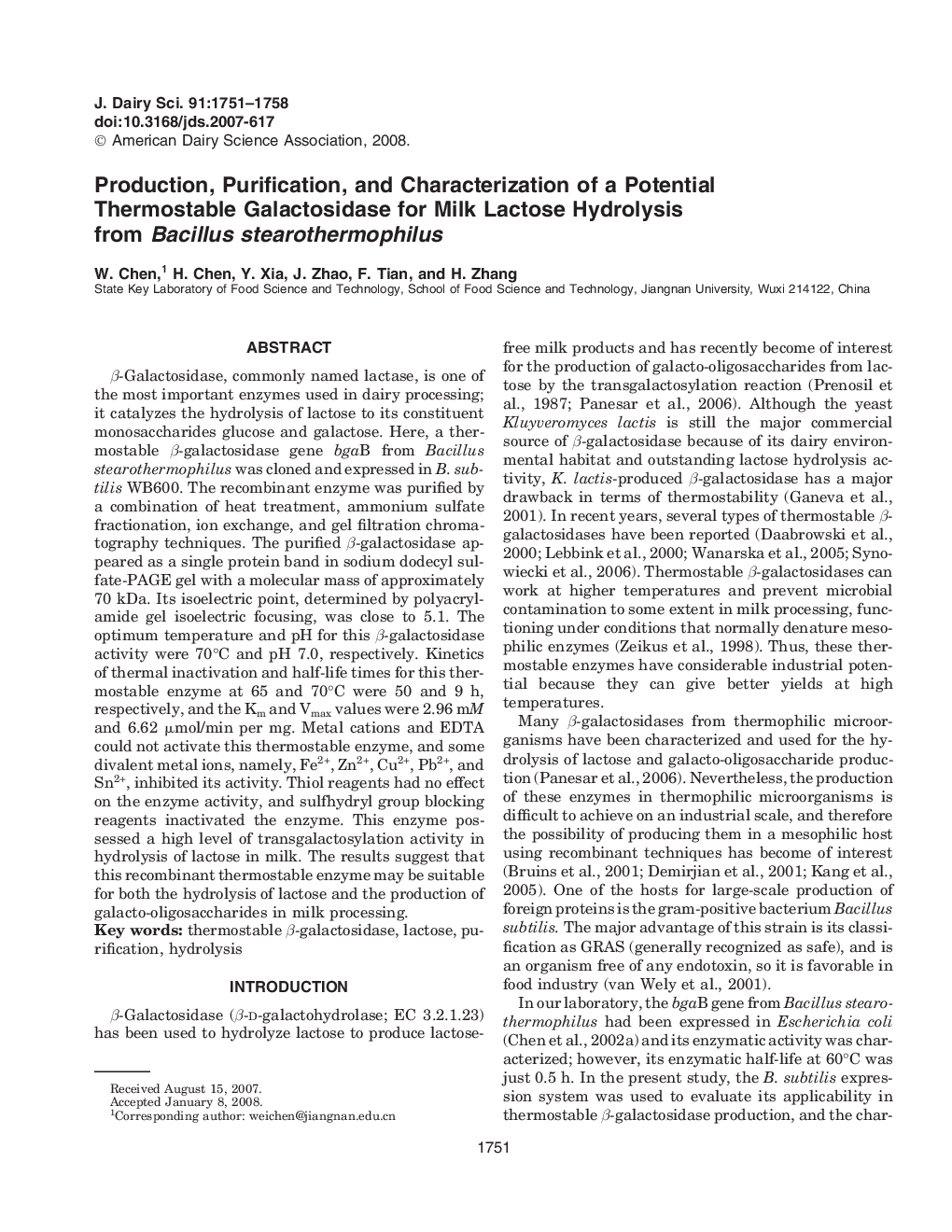 Production, Purification, and Characterization of a Potential Thermostable Galactosidase for Milk Lactose Hydrolysis from Bacillus stearothermophilus