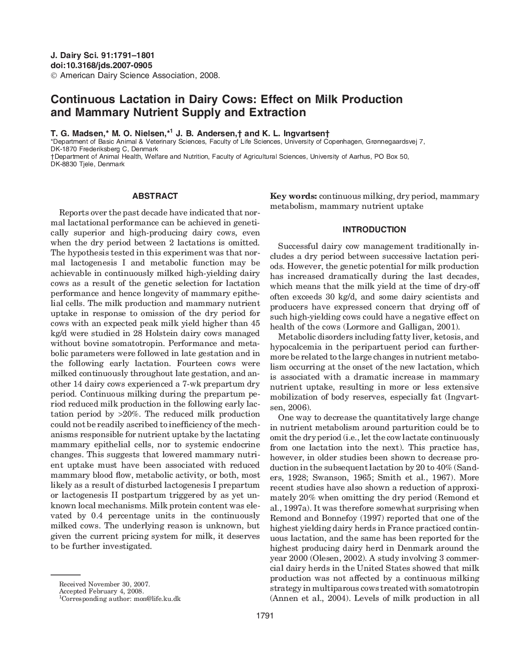 Continuous Lactation in Dairy Cows: Effect on Milk Production and Mammary Nutrient Supply and Extraction