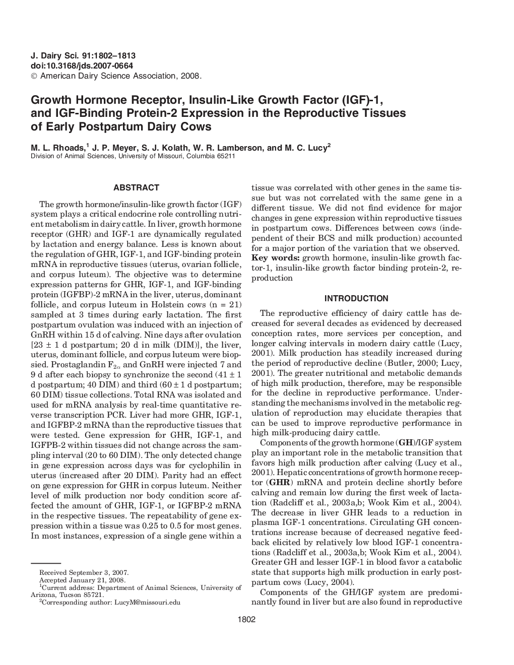 Growth Hormone Receptor, Insulin-Like Growth Factor (IGF)-1, and IGF-Binding Protein-2 Expression in the Reproductive Tissues of Early Postpartum Dairy Cows