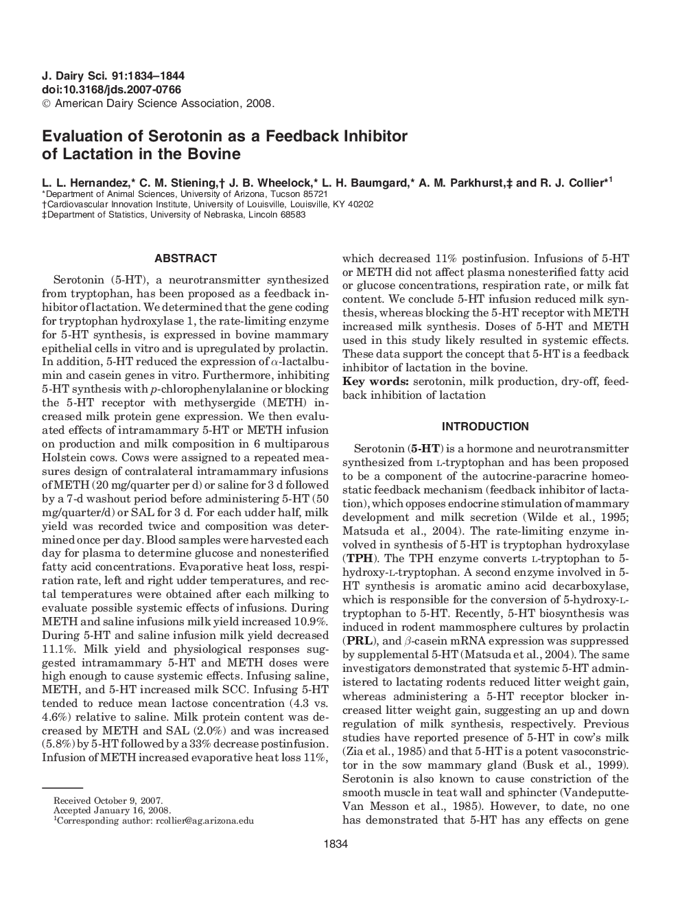 Evaluation of Serotonin as a Feedback Inhibitor of Lactation in the Bovine