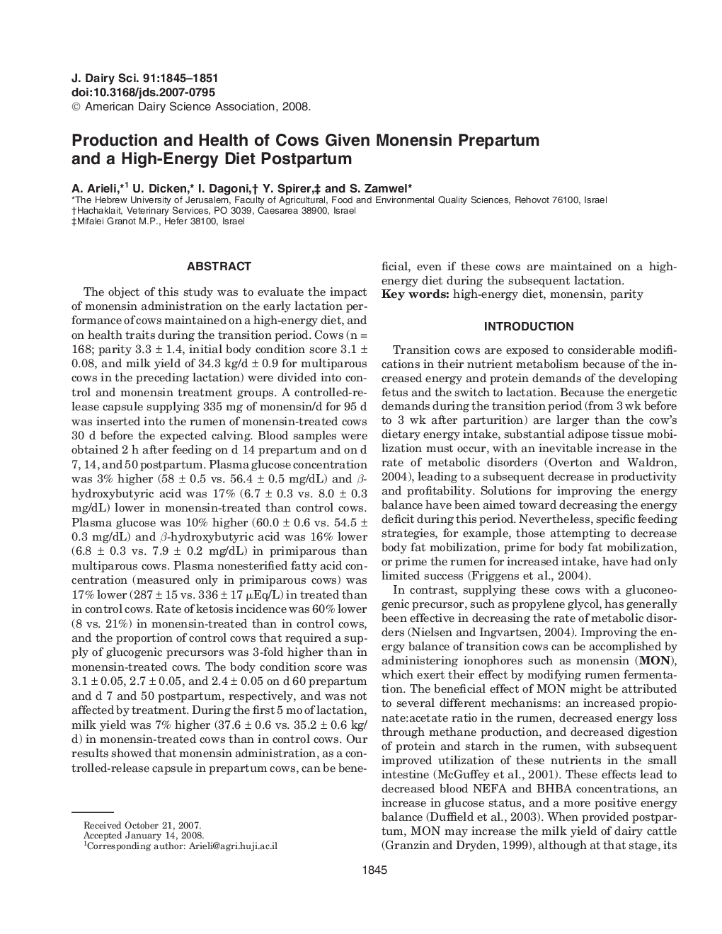 Production and Health of Cows Given Monensin Prepartum and a High-Energy Diet Postpartum