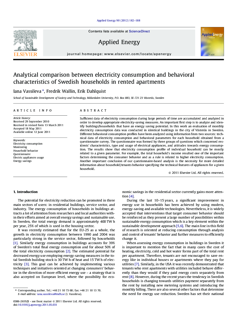 Analytical comparison between electricity consumption and behavioral characteristics of Swedish households in rented apartments