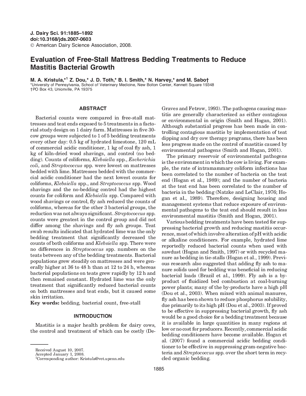 Evaluation of Free-Stall Mattress Bedding Treatments to Reduce Mastitis Bacterial Growth