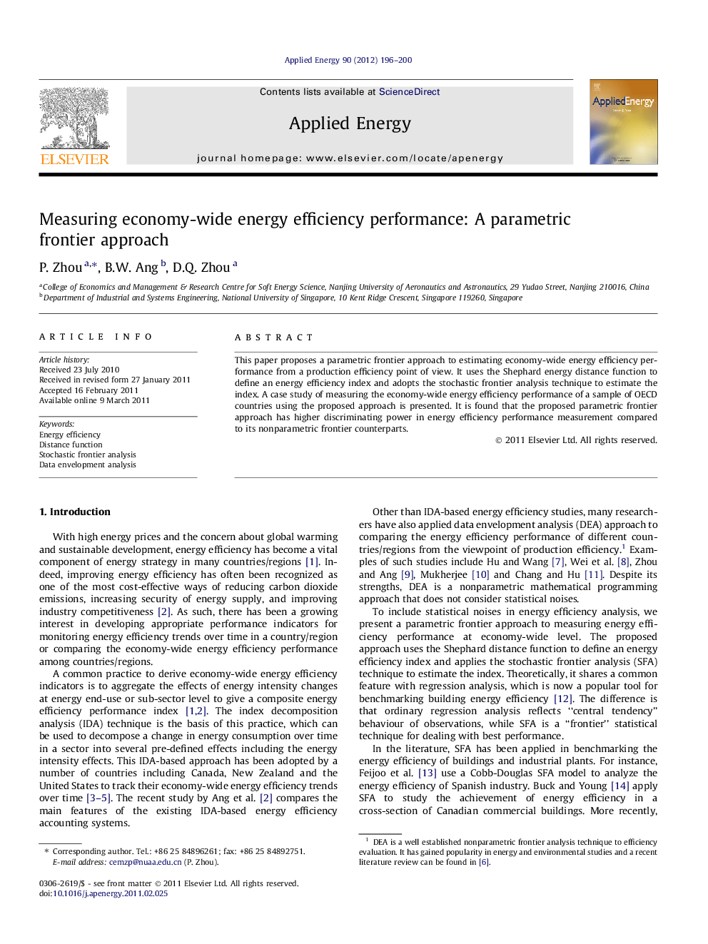 Measuring economy-wide energy efficiency performance: A parametric frontier approach