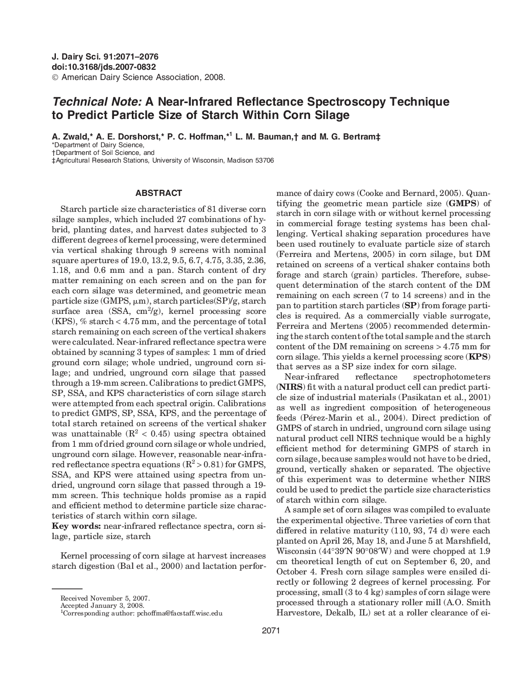 Technical Note: A Near-Infrared Reflectance Spectroscopy Technique to Predict Particle Size of Starch Within Corn Silage