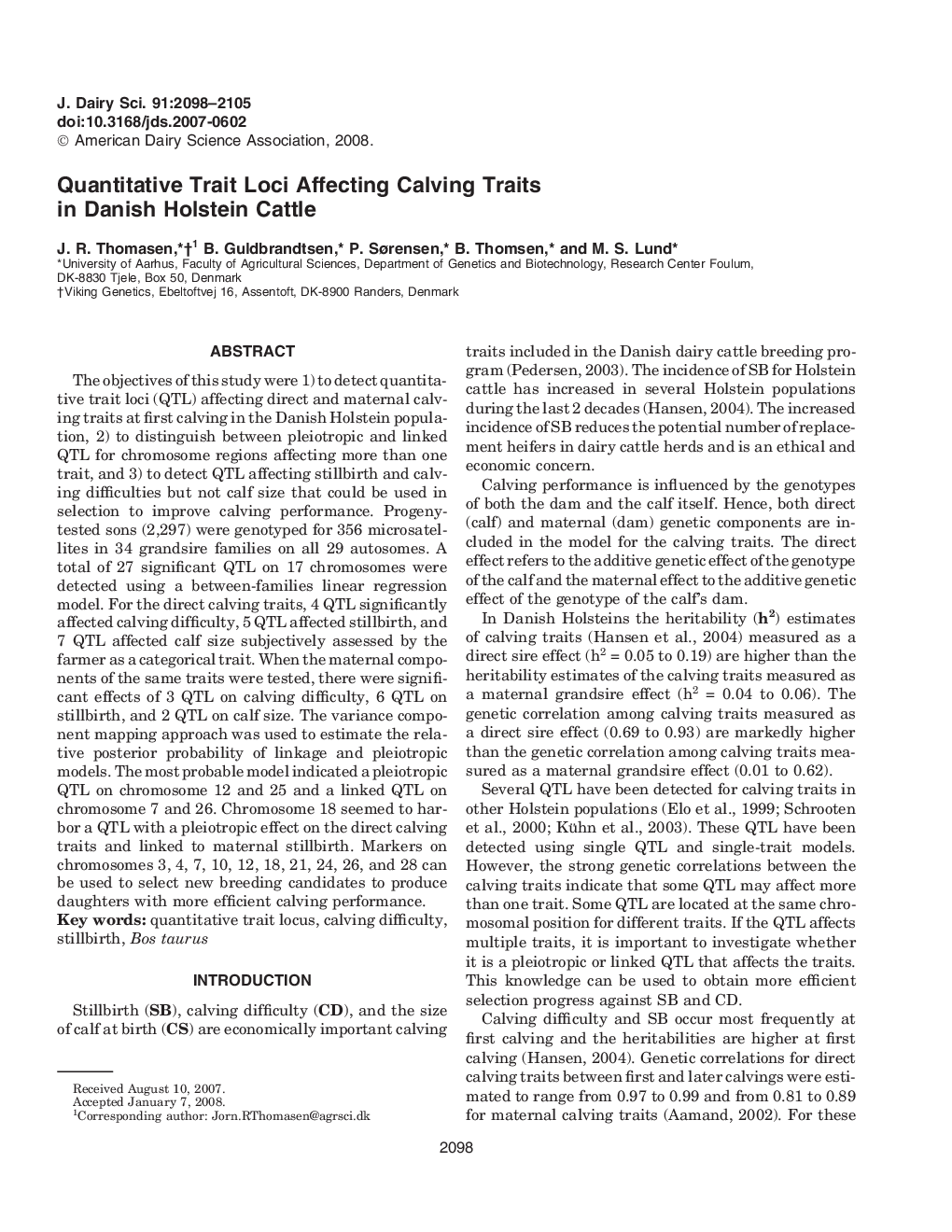 Quantitative Trait Loci Affecting Calving Traits in Danish Holstein Cattle