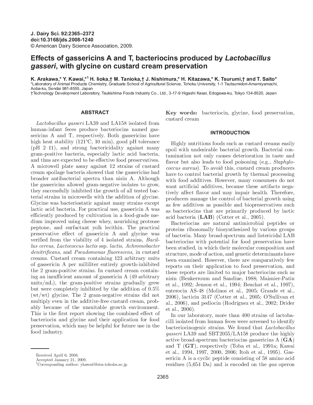 Effects of gassericins A and T, bacteriocins produced by Lactobacillus gasseri, with glycine on custard cream preservation