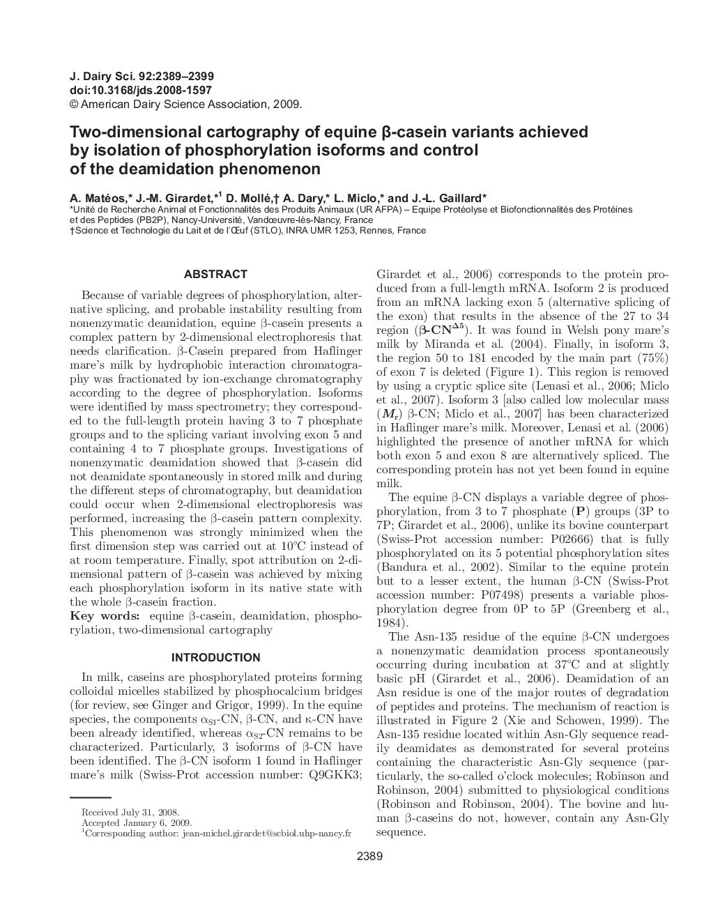 Two-dimensional cartography of equine β-casein variants achieved by isolation of phosphorylation isoforms and control of the deamidation phenomenon