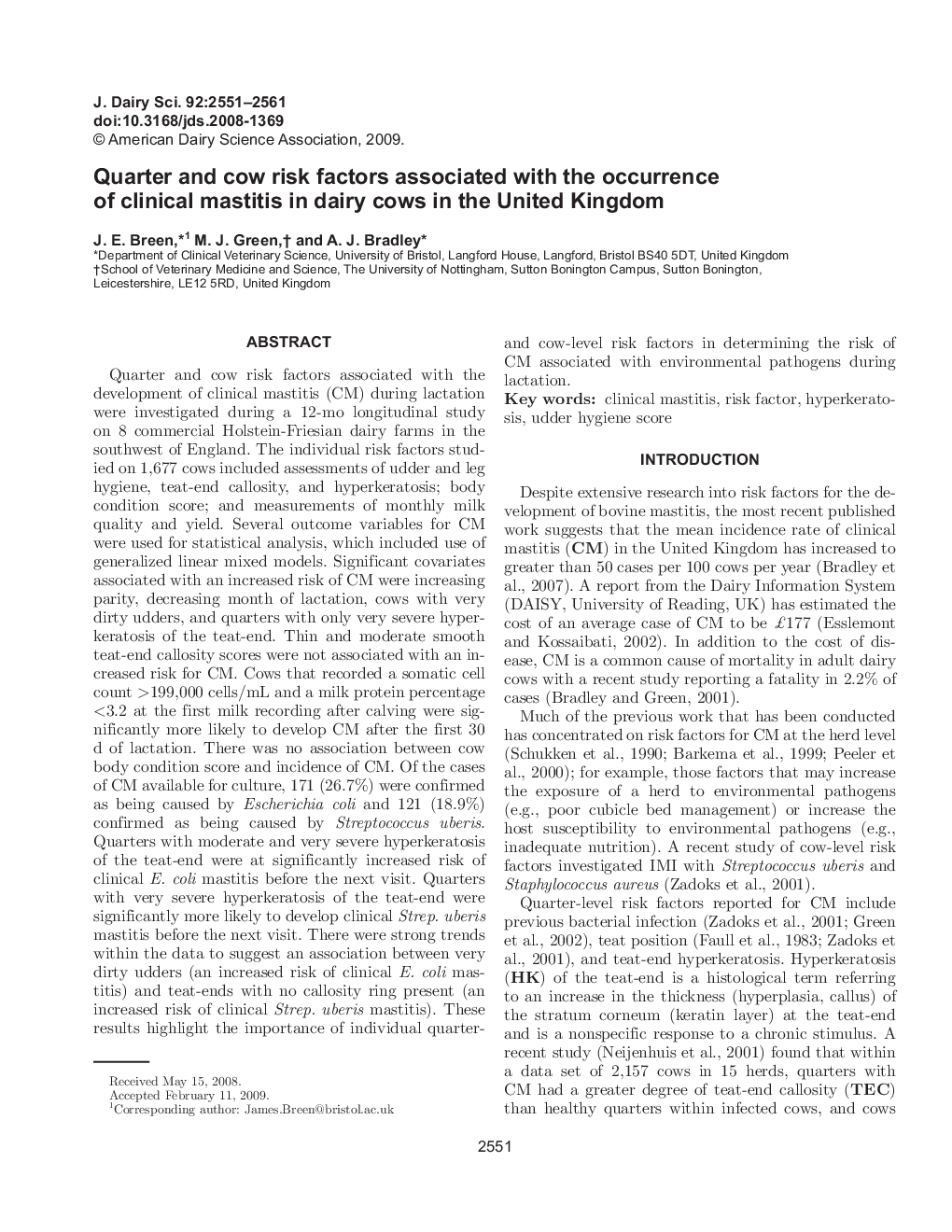 Quarter and cow risk factors associated with the occurrence of clinical mastitis in dairy cows in the United Kingdom