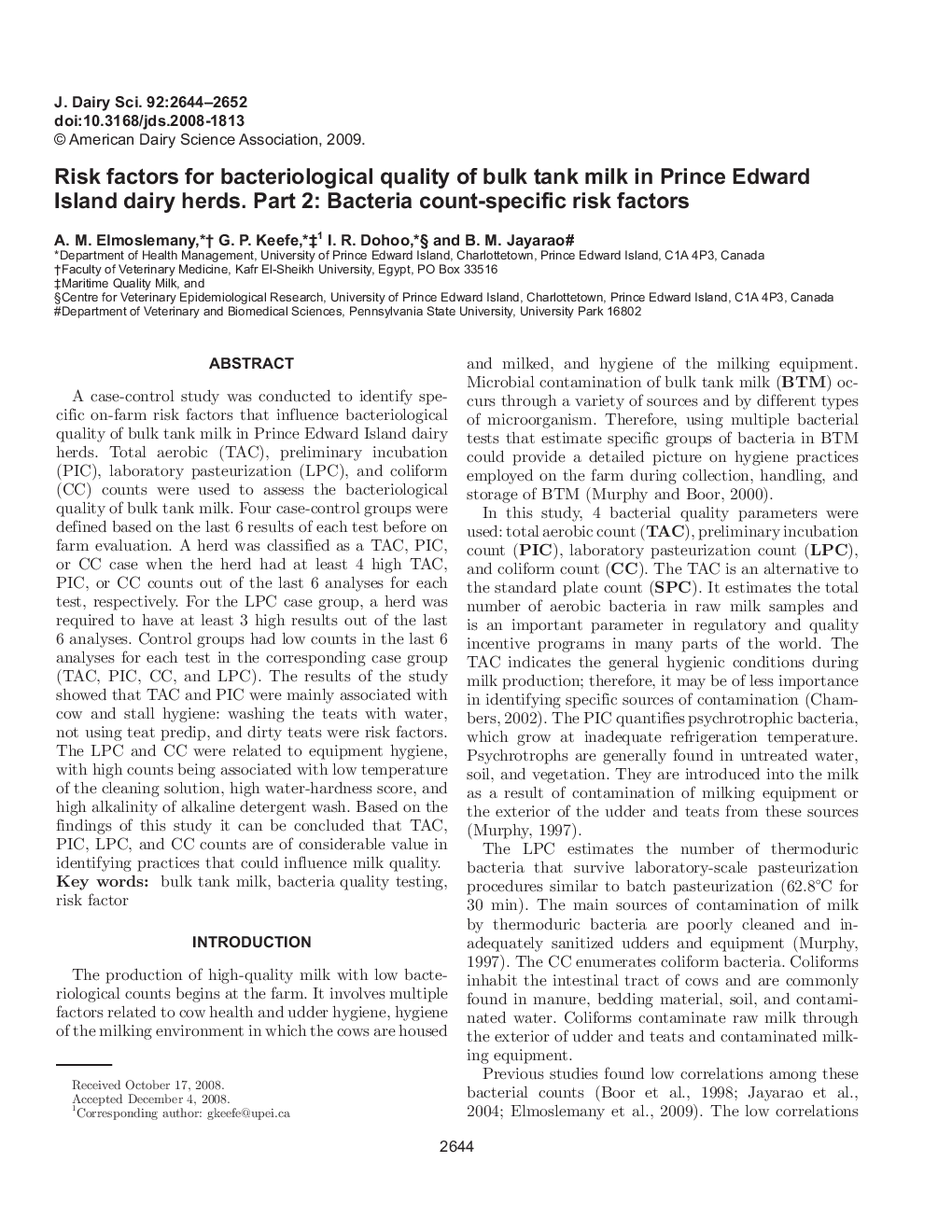 Risk factors for bacteriological quality of bulk tank milk in Prince Edward Island dairy herds. Part 2: Bacteria count-specific risk factors