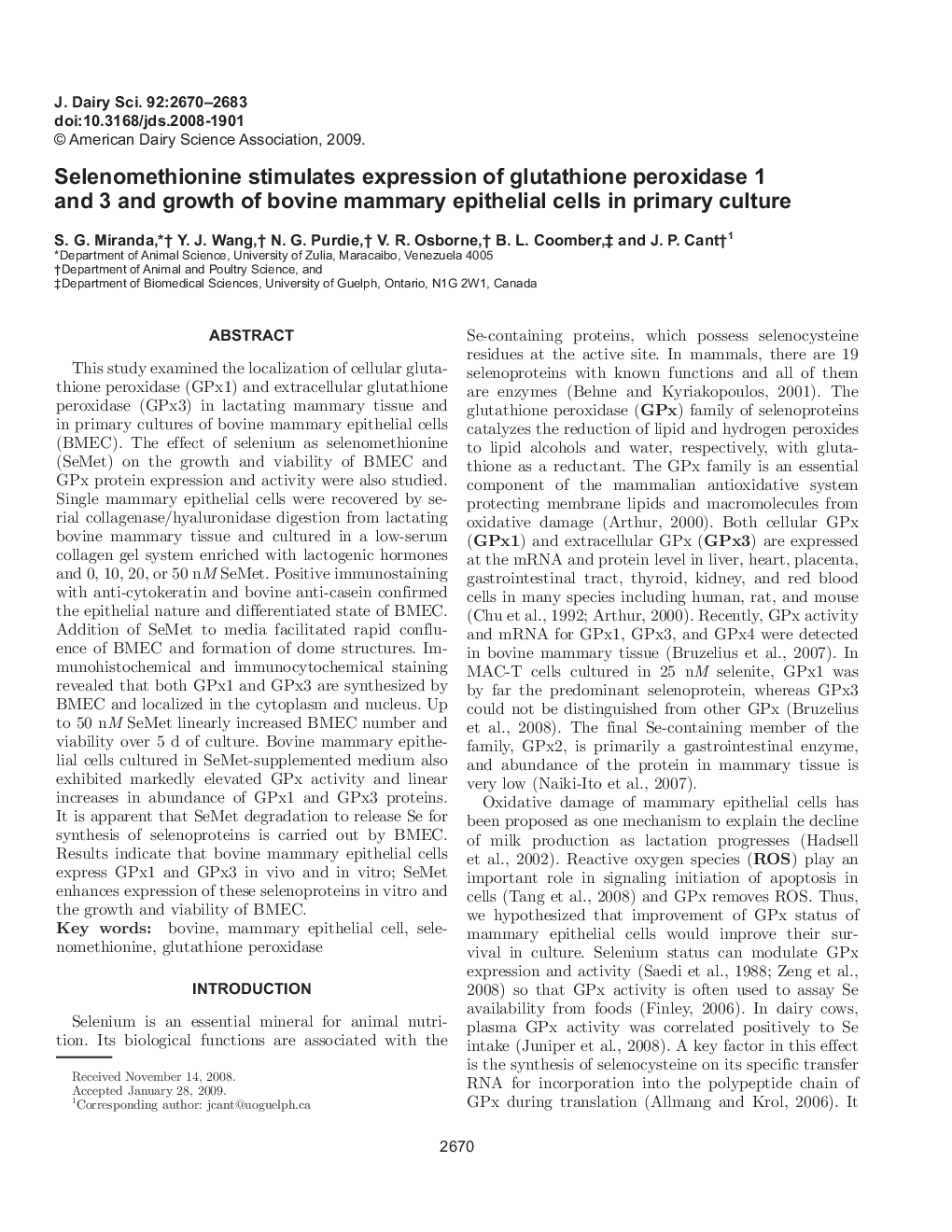 Selenomethionine stimulates expression of glutathione peroxidase 1 and 3 and growth of bovine mammary epithelial cells in primary culture