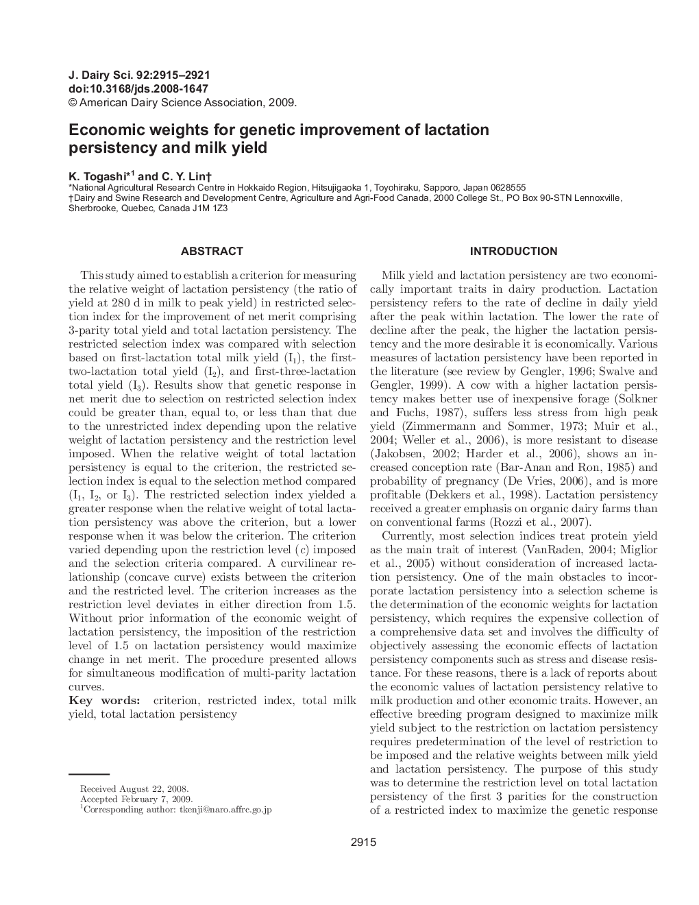 Economic weights for genetic improvement of lactation persistency and milk yield