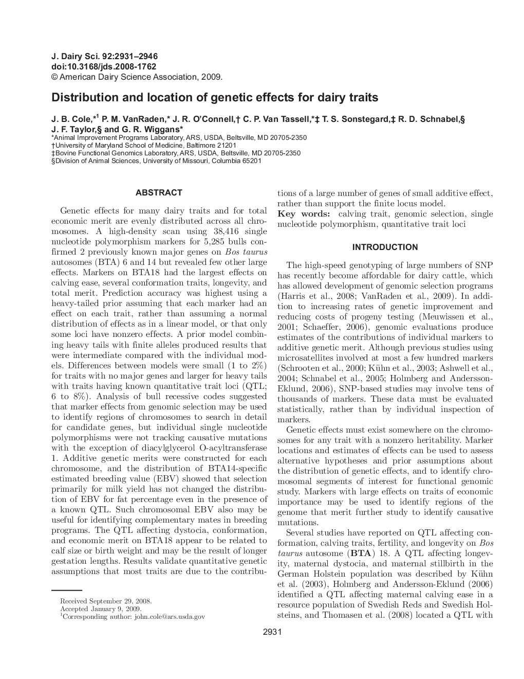 Distribution and location of genetic effects for dairy traits