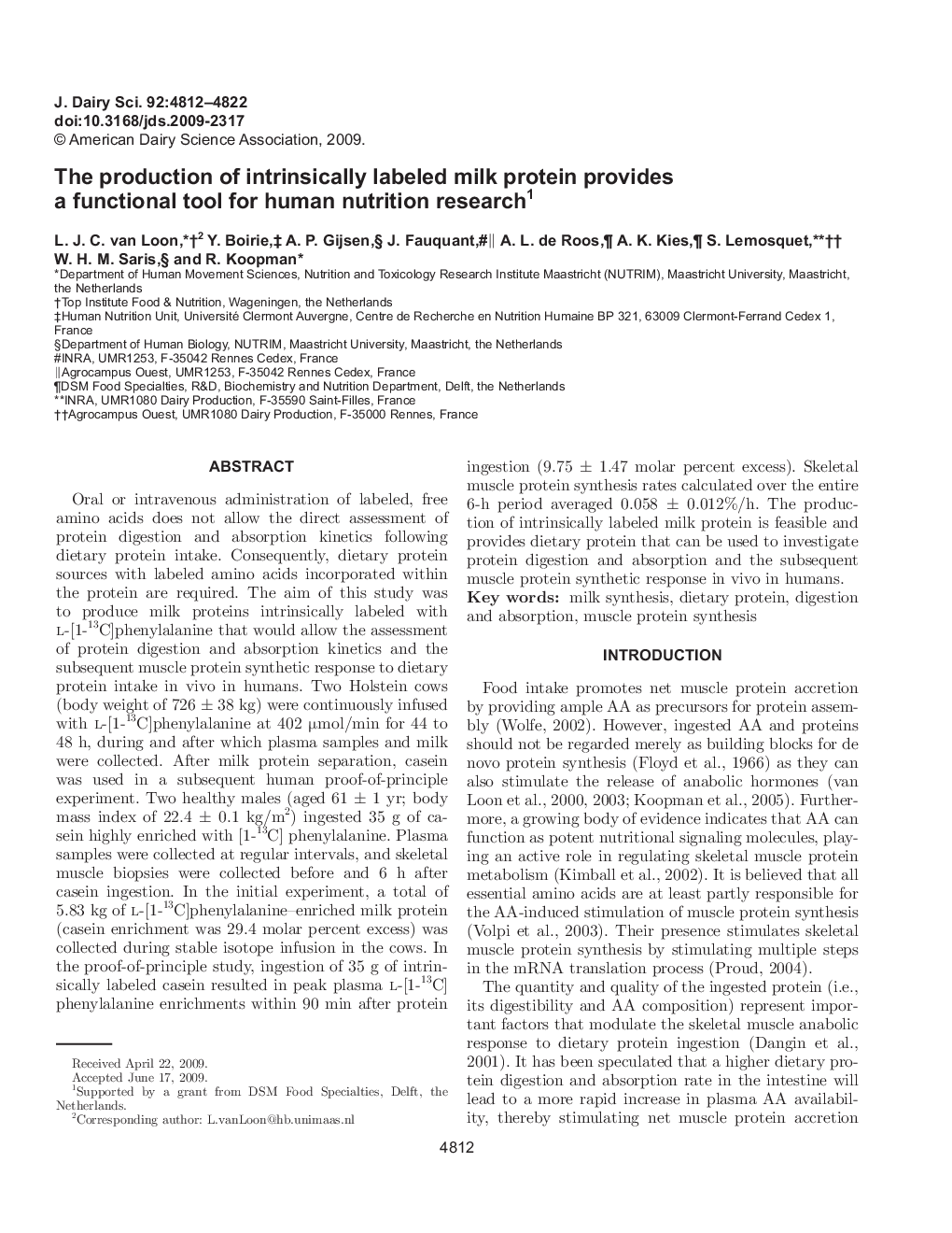 The production of intrinsically labeled milk protein provides a functional tool for human nutrition research1