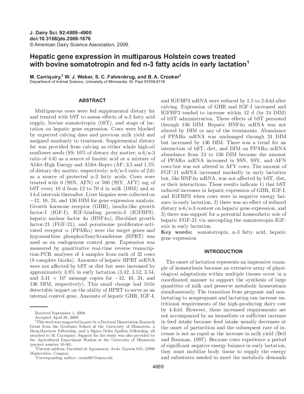 Hepatic gene expression in multiparous Holstein cows treated with bovine somatotropin and fed n-3 fatty acids in early lactation1