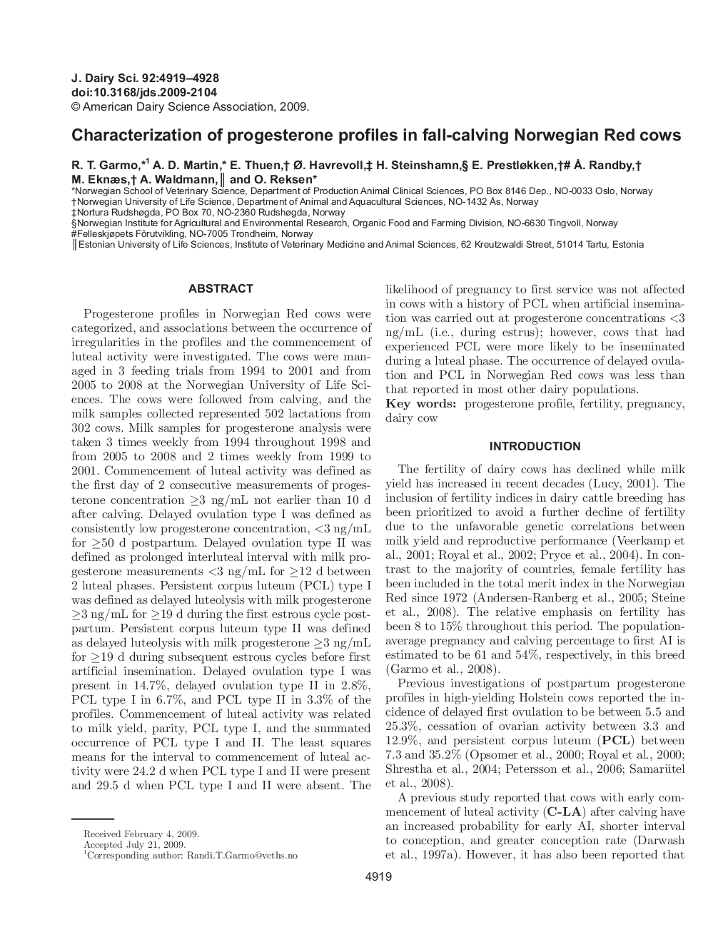 Characterization of progesterone profiles in fall-calving Norwegian Red cows