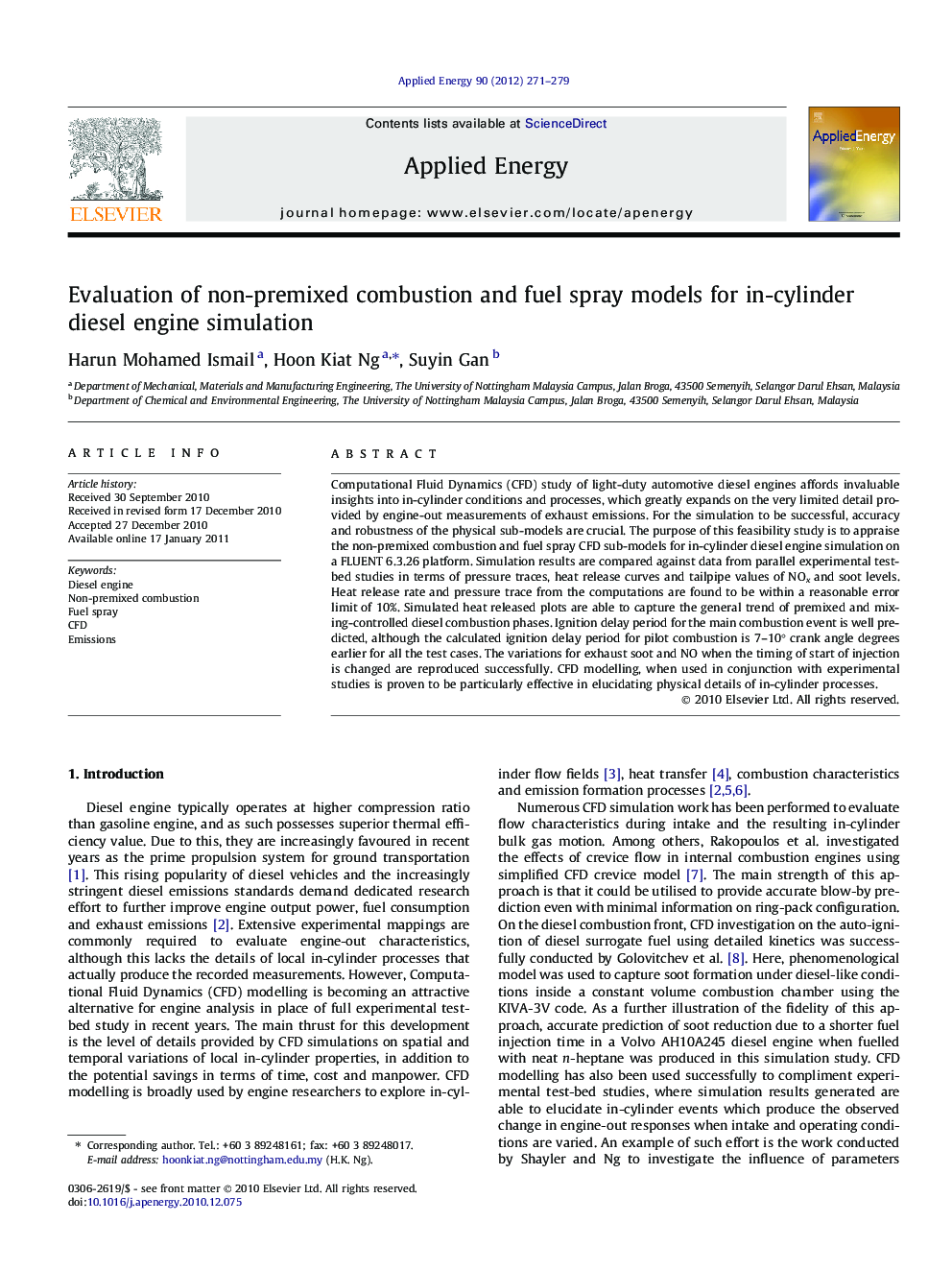 Evaluation of non-premixed combustion and fuel spray models for in-cylinder diesel engine simulation