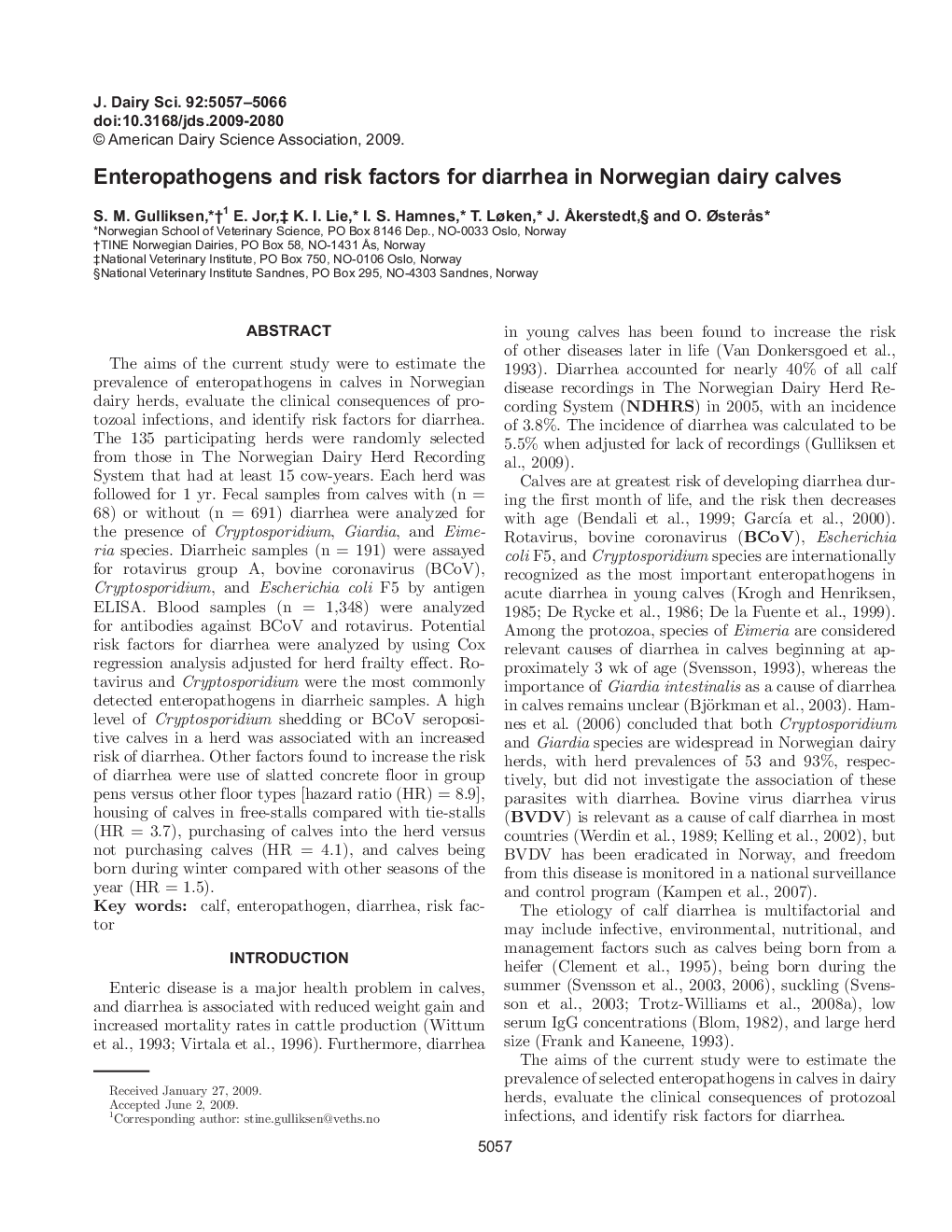 Enteropathogens and risk factors for diarrhea in Norwegian dairy calves