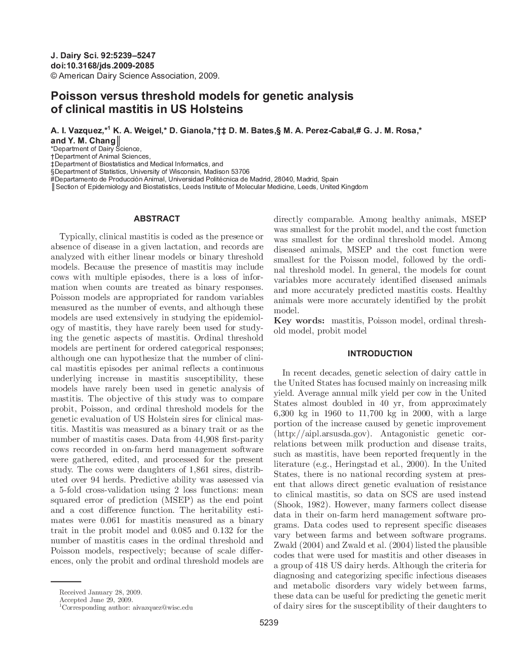 Poisson versus threshold models for genetic analysis of clinical mastitis in US Holsteins