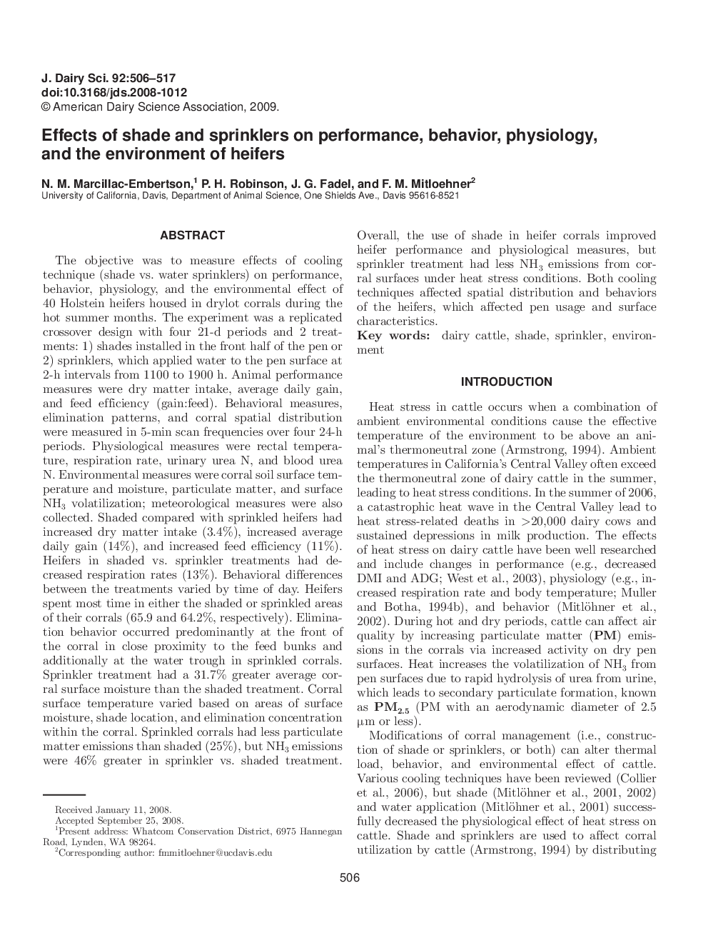 Effects of shade and sprinklers on performance, behavior, physiology, and the environment of heifers